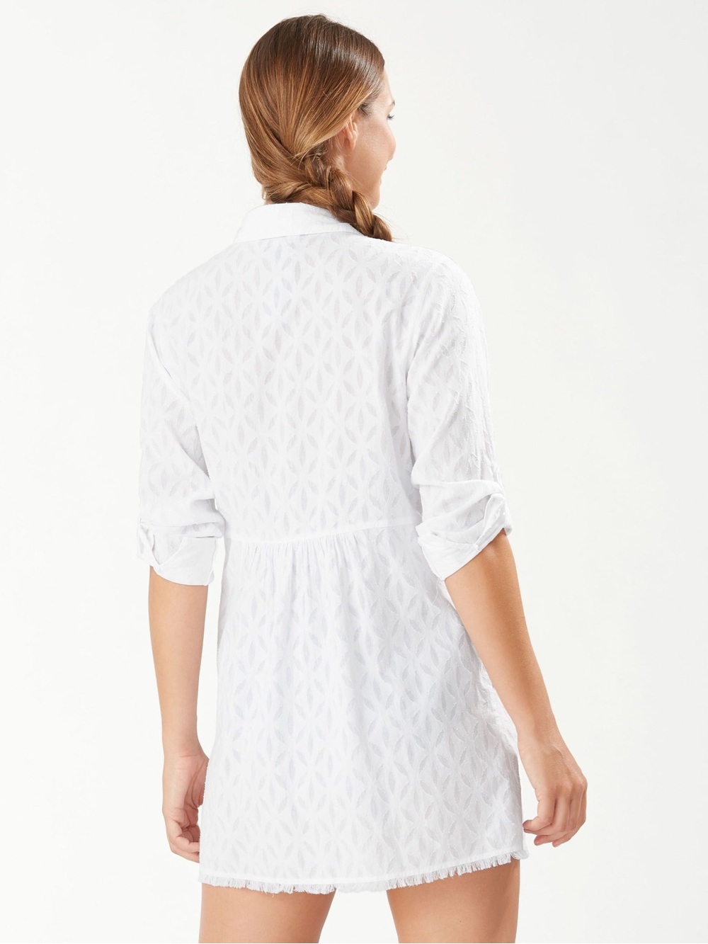 TOMMY BAHAMA Clip Jacquard Boyfriend Shirt Dress Cover Up L 22” p2p White $99 - Picture 8 of 9
